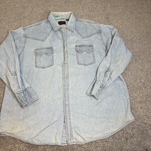 Plains Westernwear Shirt Mens XL Light Wash Denim‎ Pearl Snap Western Cowboy